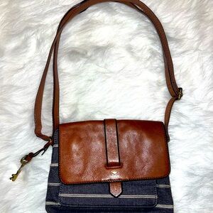 FOSSIL DENIM STRIPE & TAN LEATHER CROSSBODY